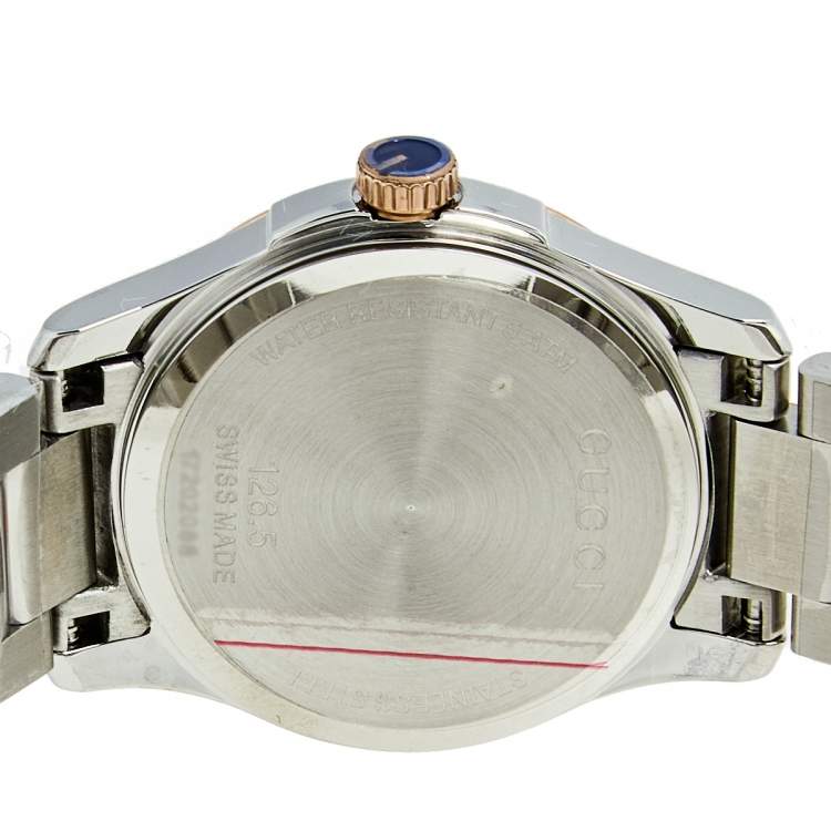 Pre Owned Gucci Mother of Pearl Two Tone Stainless Steel G-Timeless YA126544 Women's Wristwatch 27 mm