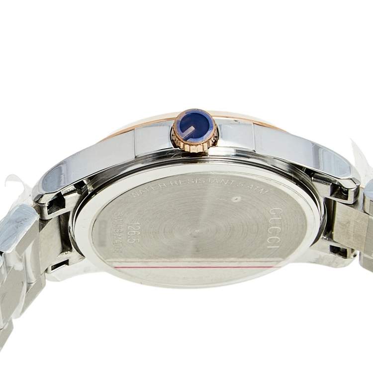 Pre Owned Gucci Mother of Pearl Two Tone Stainless Steel G-Timeless YA126544 Women's Wristwatch 27 mm
