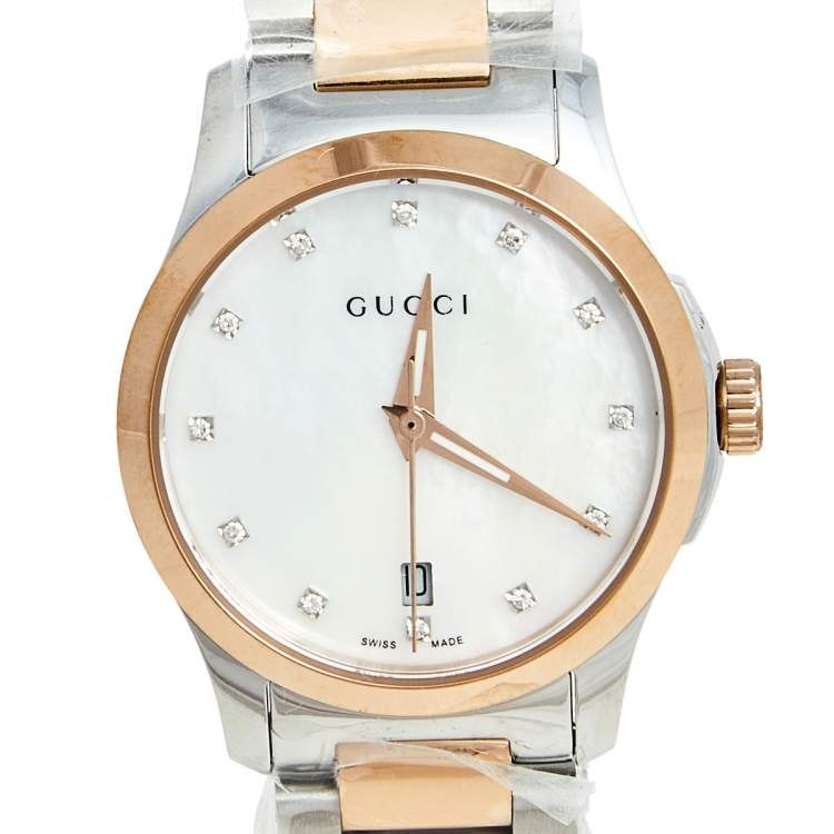 Pre Owned Gucci Mother of Pearl Two Tone Stainless Steel G-Timeless YA126544 Women's Wristwatch 27 mm