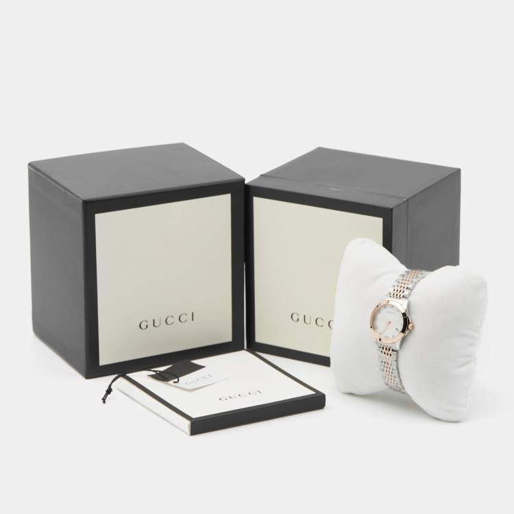 Pre Owned Gucci Mother Of Pearl Two-Tone Stainless Steel Diamonds G-Timeless YA126514 Women's Wristwatch 27 mm