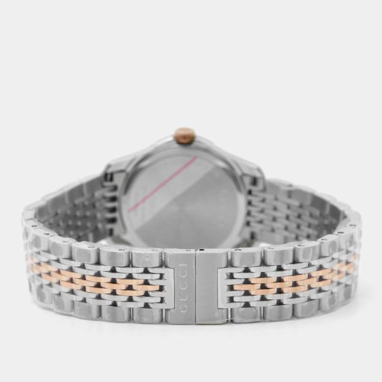 Pre Owned Gucci Mother Of Pearl Two-Tone Stainless Steel Diamonds G-Timeless YA126514 Women's Wristwatch 27 mm
