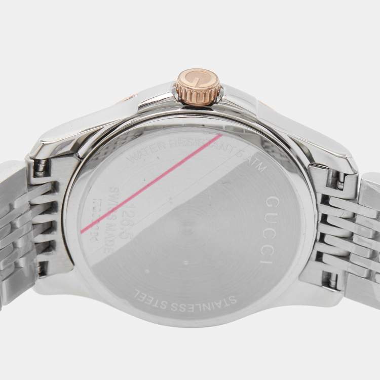 Pre Owned Gucci Mother Of Pearl Two-Tone Stainless Steel Diamonds G-Timeless YA126514 Women's Wristwatch 27 mm