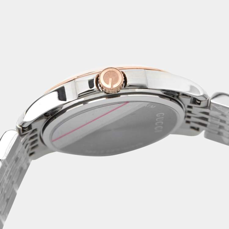 Pre Owned Gucci Mother Of Pearl Two-Tone Stainless Steel Diamonds G-Timeless YA126514 Women's Wristwatch 27 mm