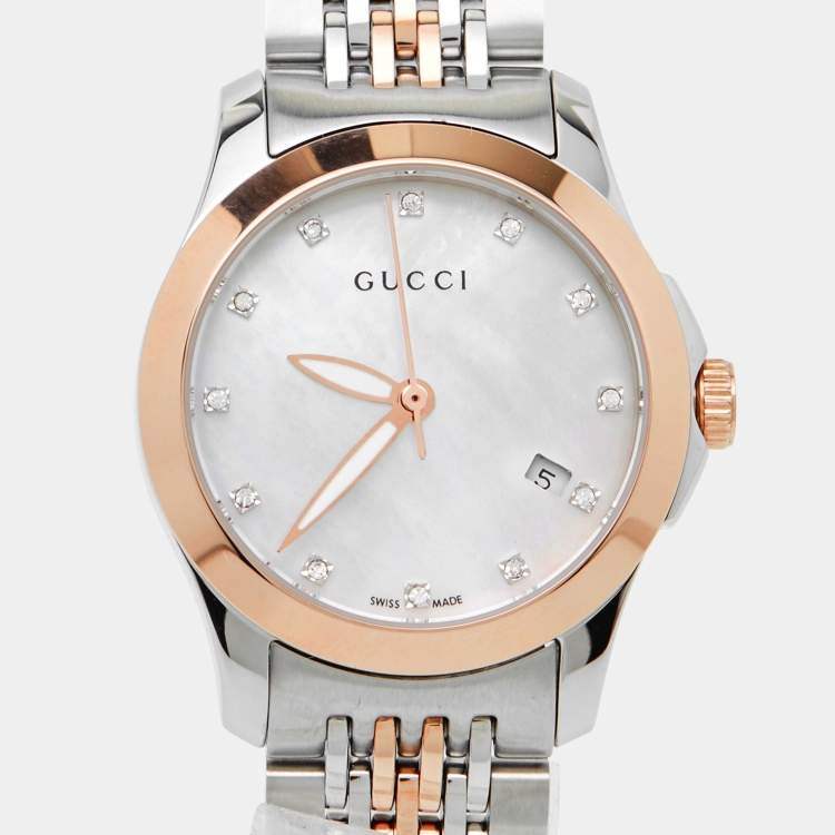 Pre Owned Gucci Mother Of Pearl Two-Tone Stainless Steel Diamonds G-Timeless YA126514 Women's Wristwatch 27 mm