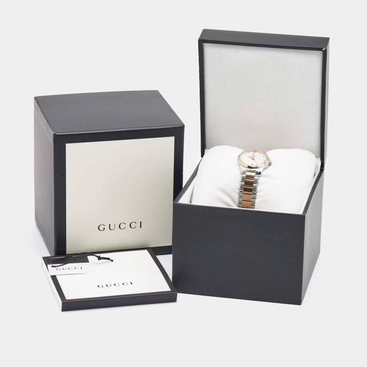 Pre Owned Gucci Mother of Pearl Two-Tone Stainless Steel Diamonds G-Timeless YA126544 Women's Wristwatch 27 mm