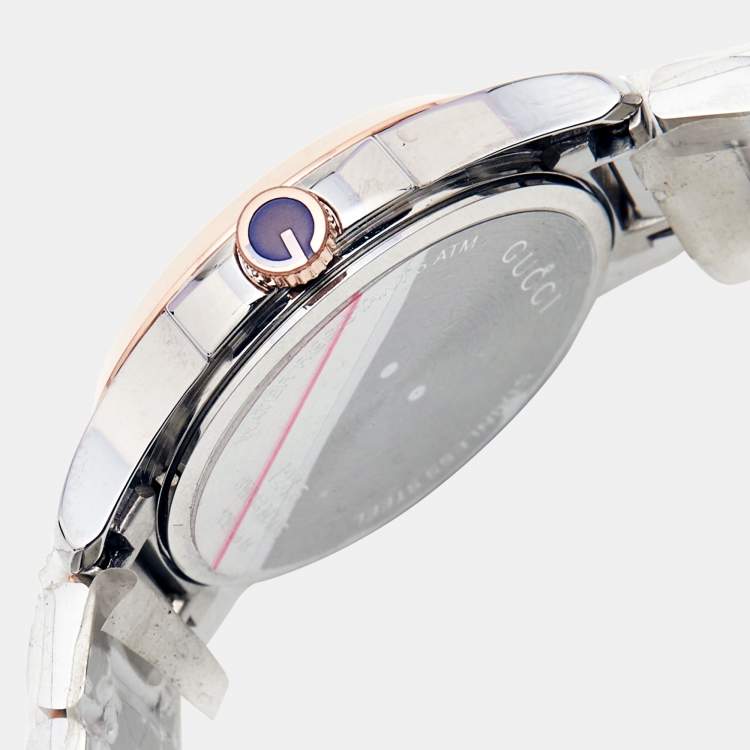 Pre Owned Gucci Mother of Pearl Two-Tone Stainless Steel Diamonds G-Timeless YA126544 Women's Wristwatch 27 mm