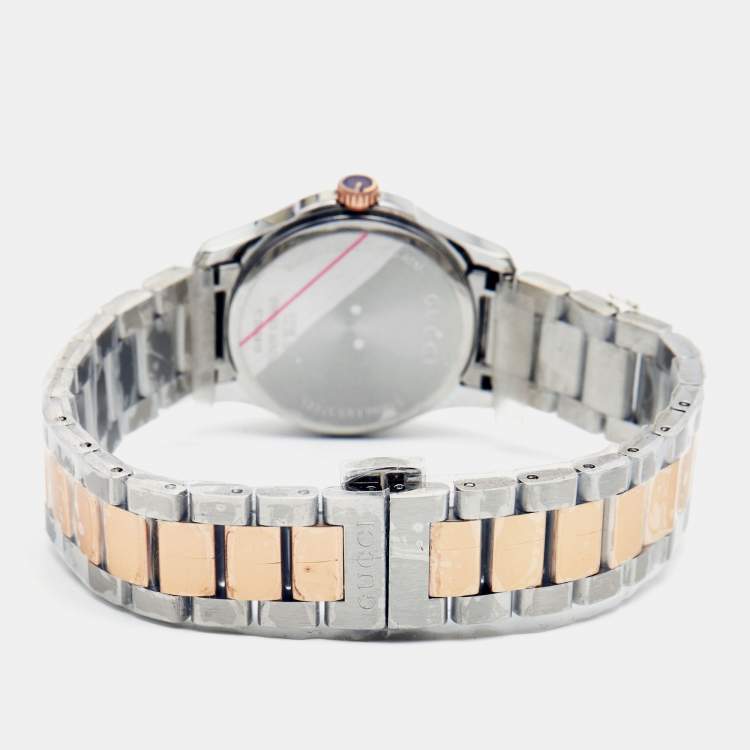 Pre Owned Gucci Mother of Pearl Two-Tone Stainless Steel Diamonds G-Timeless YA126544 Women's Wristwatch 27 mm