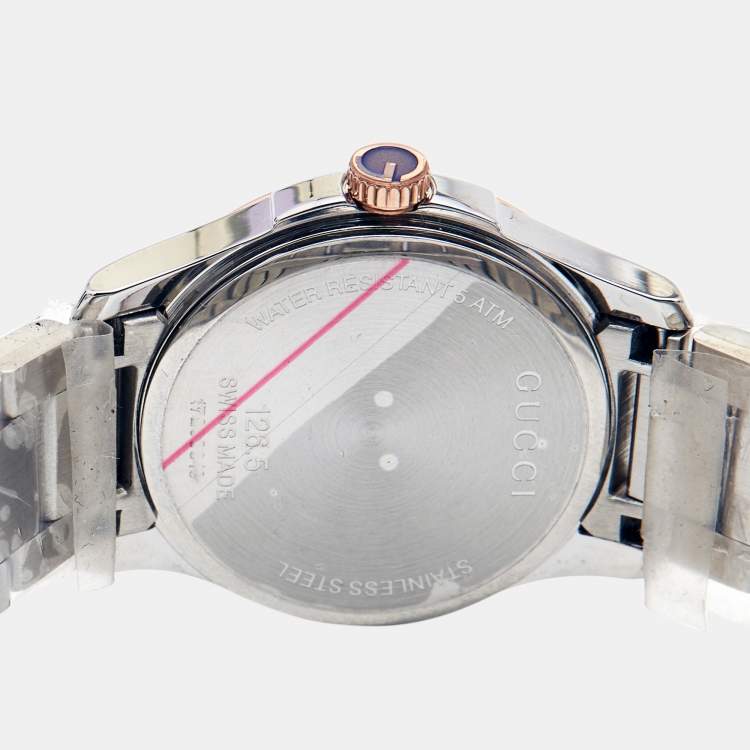 Pre Owned Gucci Mother of Pearl Two-Tone Stainless Steel Diamonds G-Timeless YA126544 Women's Wristwatch 27 mm