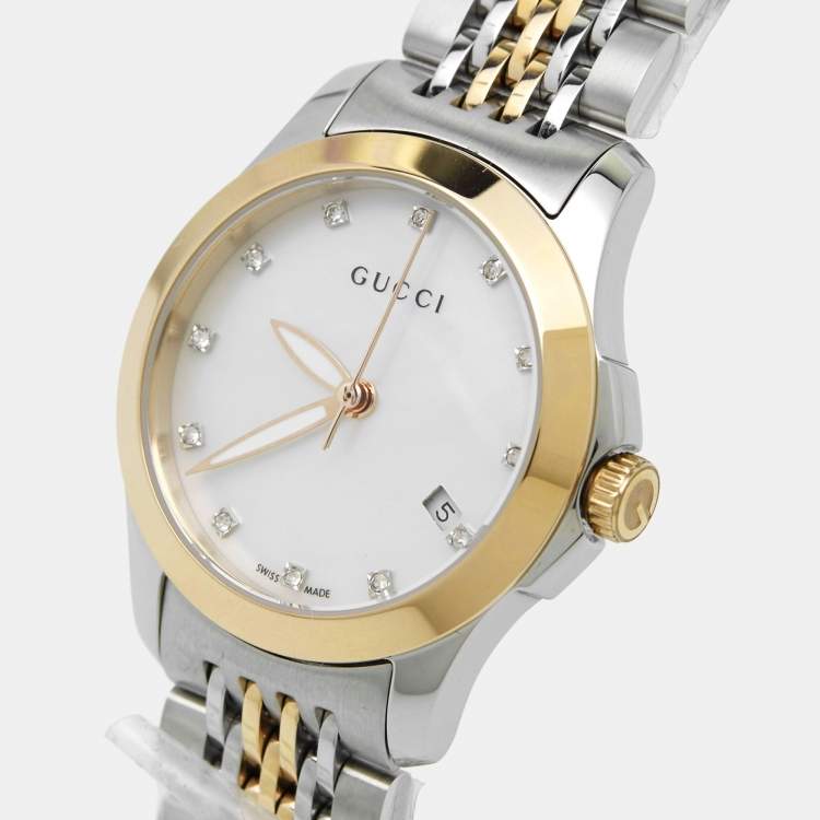 Pre Owned Gucci Mother Of Pearl Two-Tone Stainless Steel Diamond G-Timeless YA126513 Women's Wristwatch 27 mm