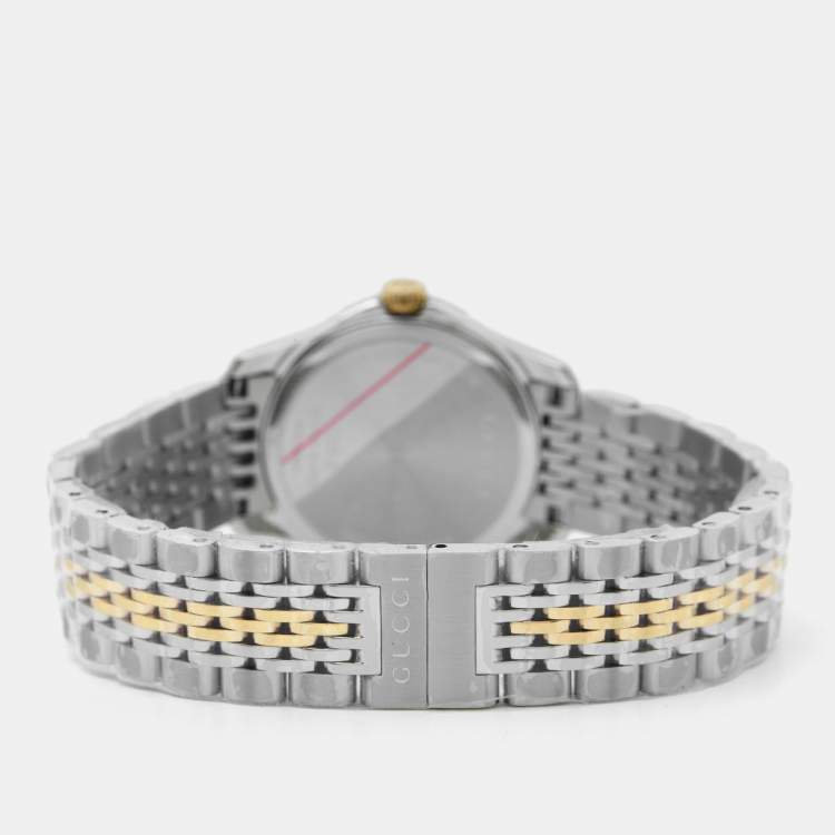 Pre Owned Gucci Mother Of Pearl Two-Tone Stainless Steel Diamond G-Timeless YA126513 Women's Wristwatch 27 mm