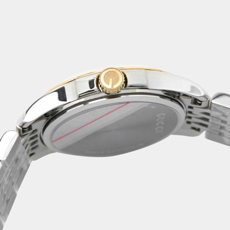 Pre Owned Gucci Mother Of Pearl Two-Tone Stainless Steel Diamond G-Timeless YA126513 Women's Wristwatch 27 mm