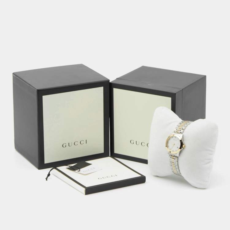 Pre Owned Gucci Mother Of Pearl Two-Tone Stainless Steel Diamond G-Timeless YA126513 Women's Wristwatch 27 mm