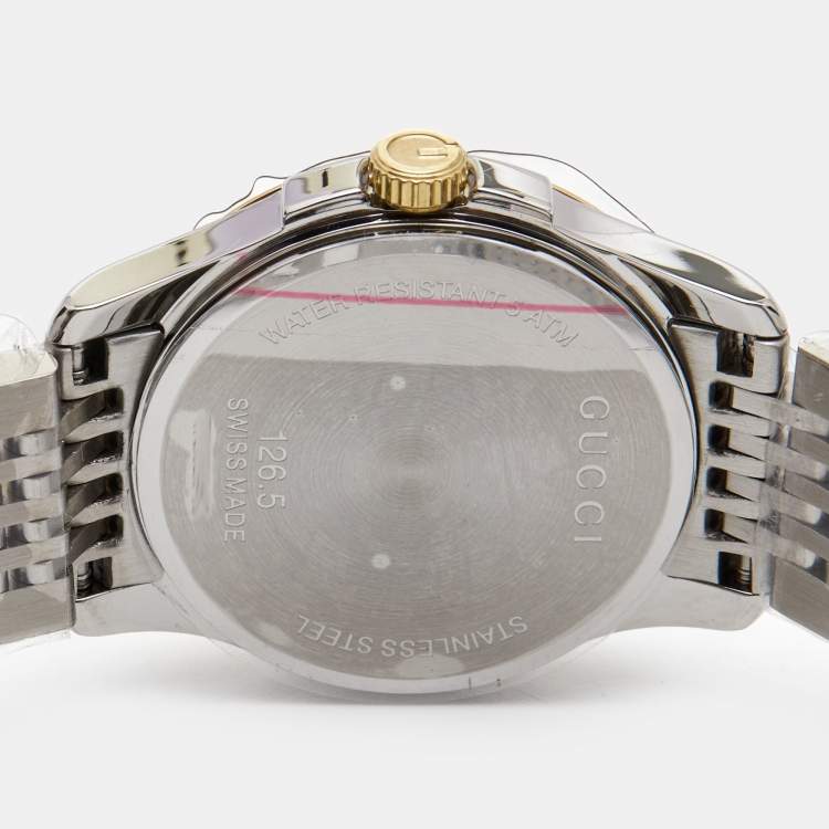 Pre Owned Gucci Mother Of Pearl Two-Tone Stainless Steel Diamond G-Timeless YA126513 Women's Wristwatch 27 mm