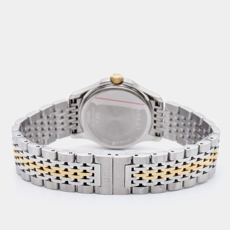 Pre Owned Gucci Mother Of Pearl Two-Tone Stainless Steel Diamond G-Timeless YA126513 Women's Wristwatch 27 mm