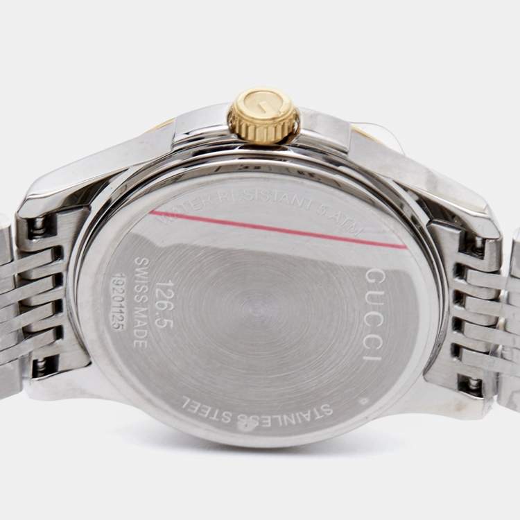 Pre Owned Gucci Mother Of Pearl Two-Tone Stainless Steel Diamond G-Timeless YA126513 Women's Wristwatch 27 mm