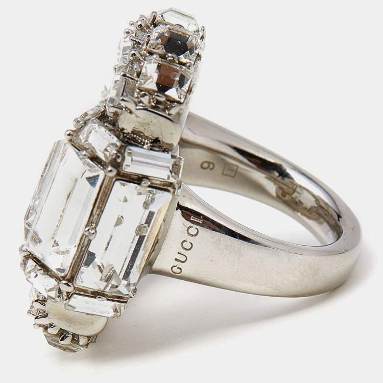 Pre Owned Gucci Crystals Silver Tone Ring Size 49