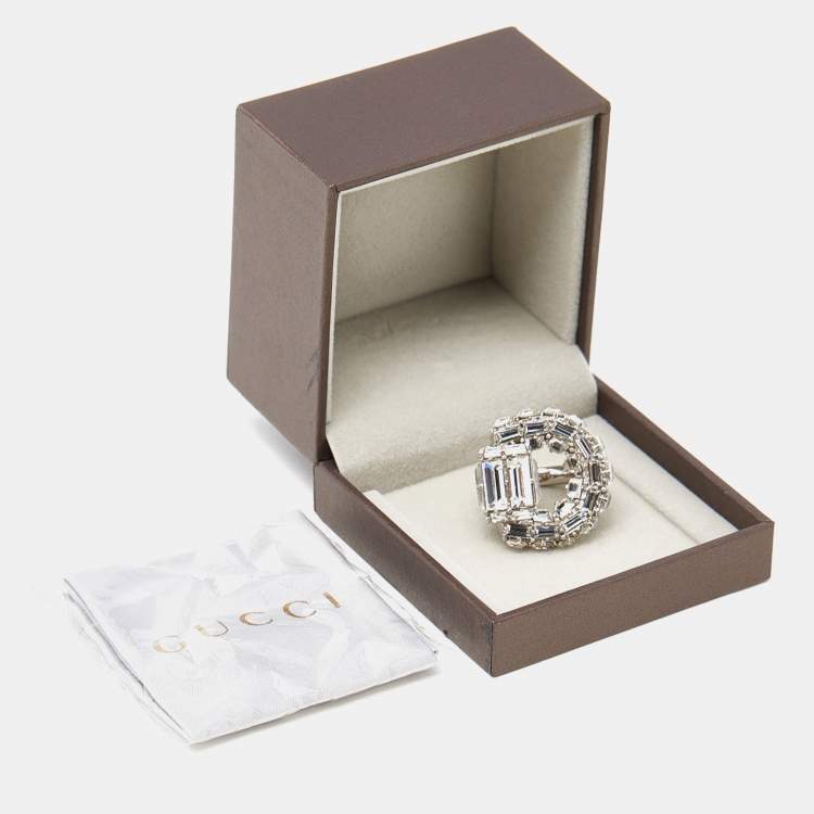 Pre Owned Gucci Crystals Silver Tone Ring Size 49