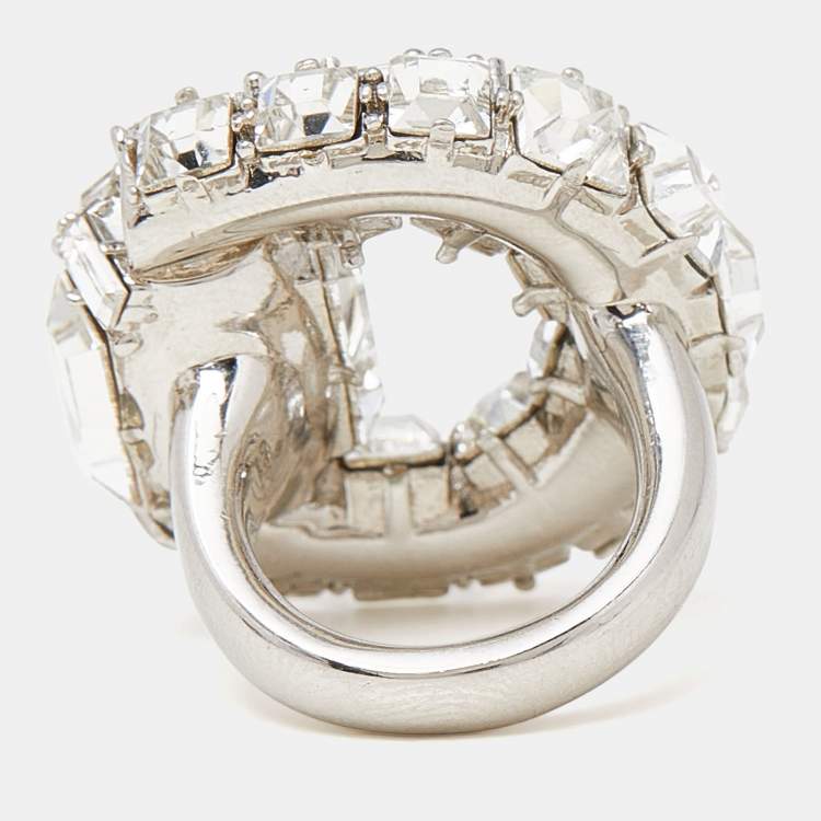 Pre Owned Gucci Crystals Silver Tone Ring Size 49