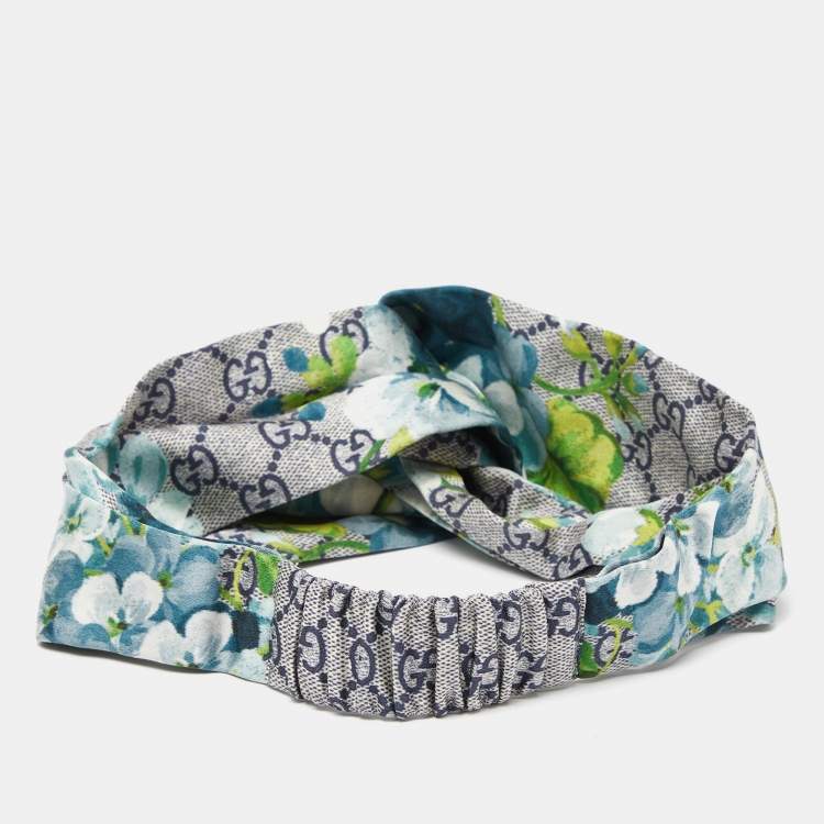 Pre Owned Gucci Blue GG Blooms Print Silk Headband