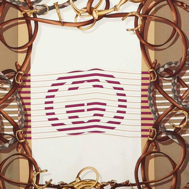 Pre Owned Gucci Brown GG Stirrup Print Silk Scarf