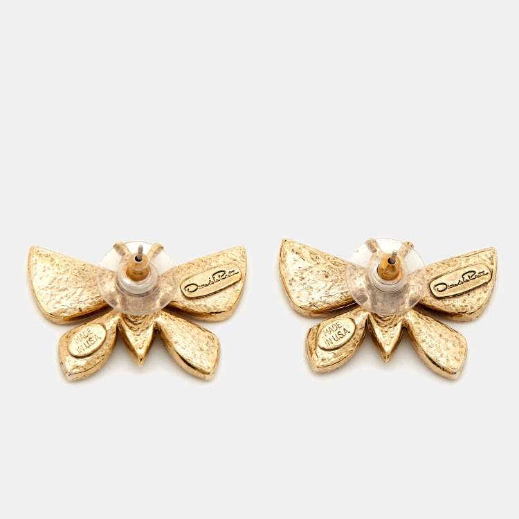 Pre Owned Oscar de la Renta Butterfly Crystal Gold Tone Earrings