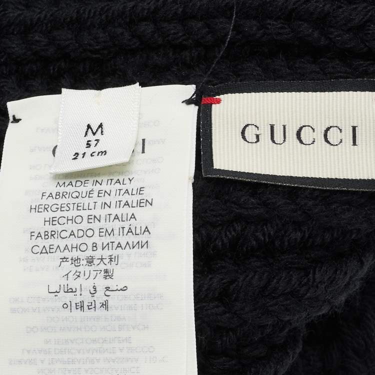 Pre Owned Gucci Black Rib Knit Wool Pom Pom Beanie M