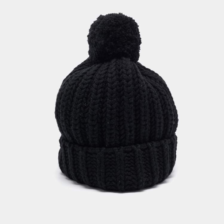 Pre Owned Gucci Black Rib Knit Wool Pom Pom Beanie M