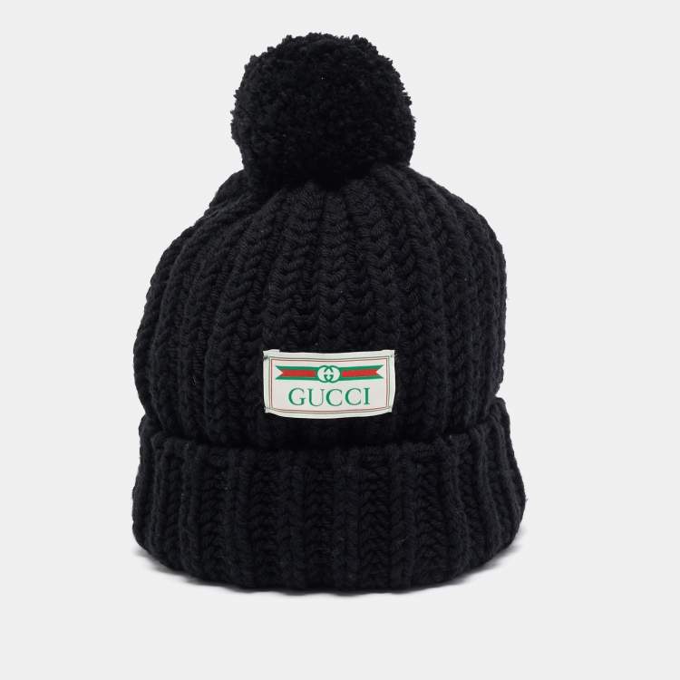 Pre Owned Gucci Black Rib Knit Wool Pom Pom Beanie M