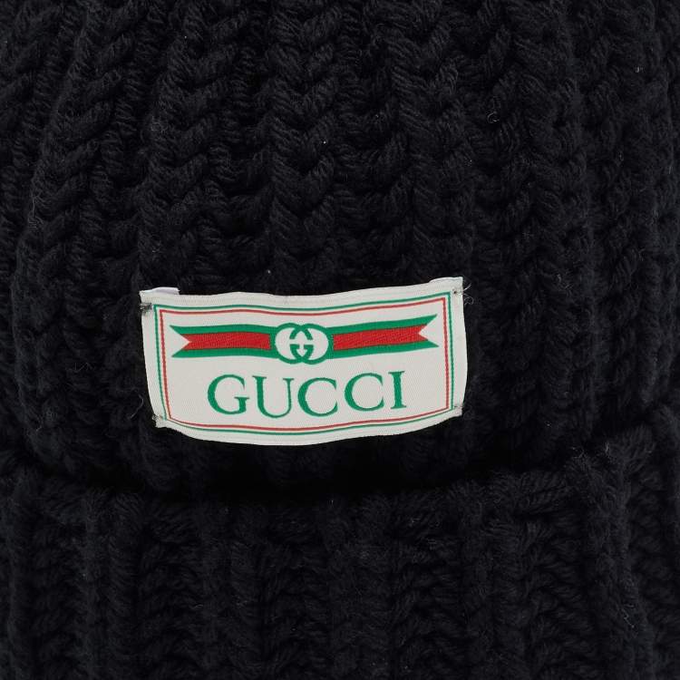 Pre Owned Gucci Black Rib Knit Wool Pom Pom Beanie M