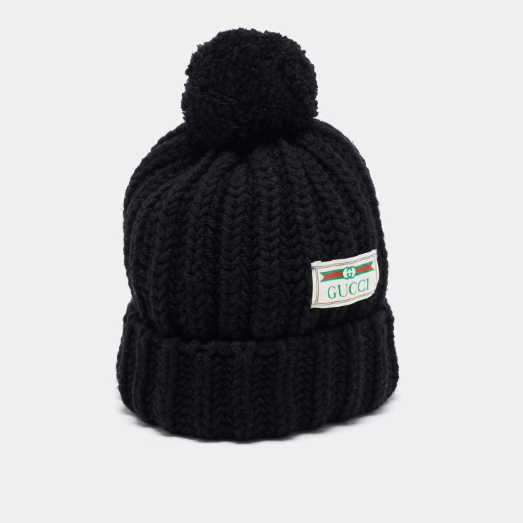 Gucci Black Rib Knit Wool Pom Pom Beanie M Gucci The Luxury Closet