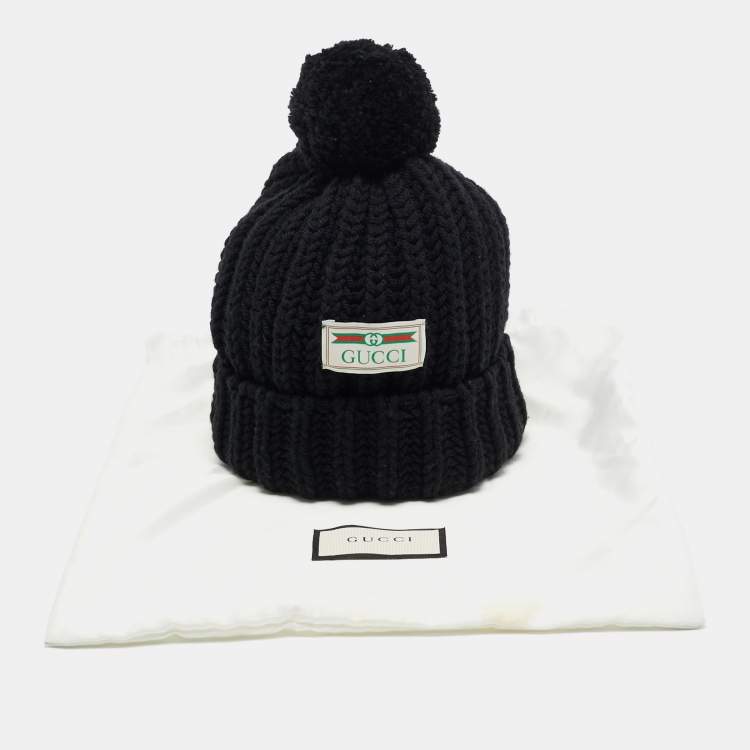 Pre Owned Gucci Black Rib Knit Wool Pom Pom Beanie M
