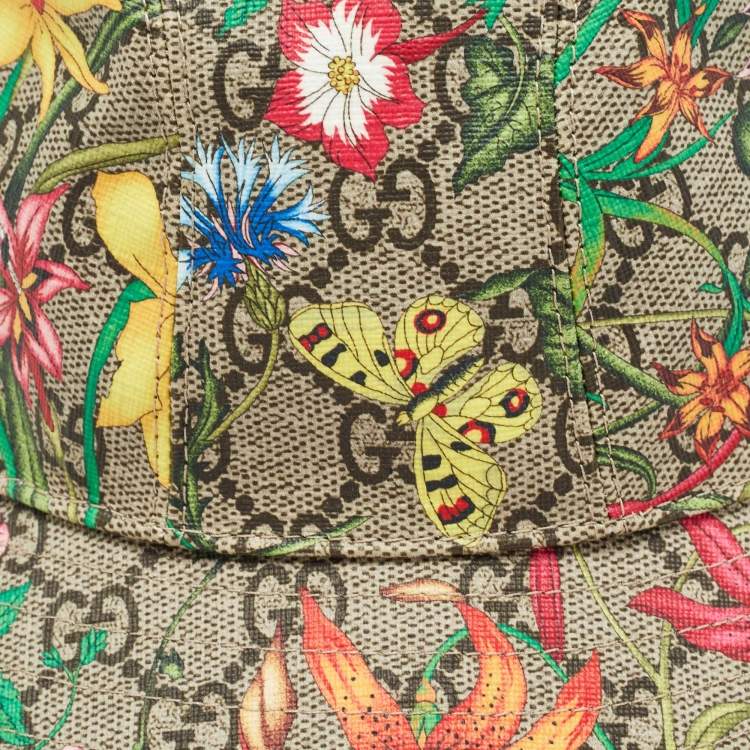 Pre Owned Gucci Multicolor GG Floral Print Coated Canvas Leather Trimmed Bucket Hat L