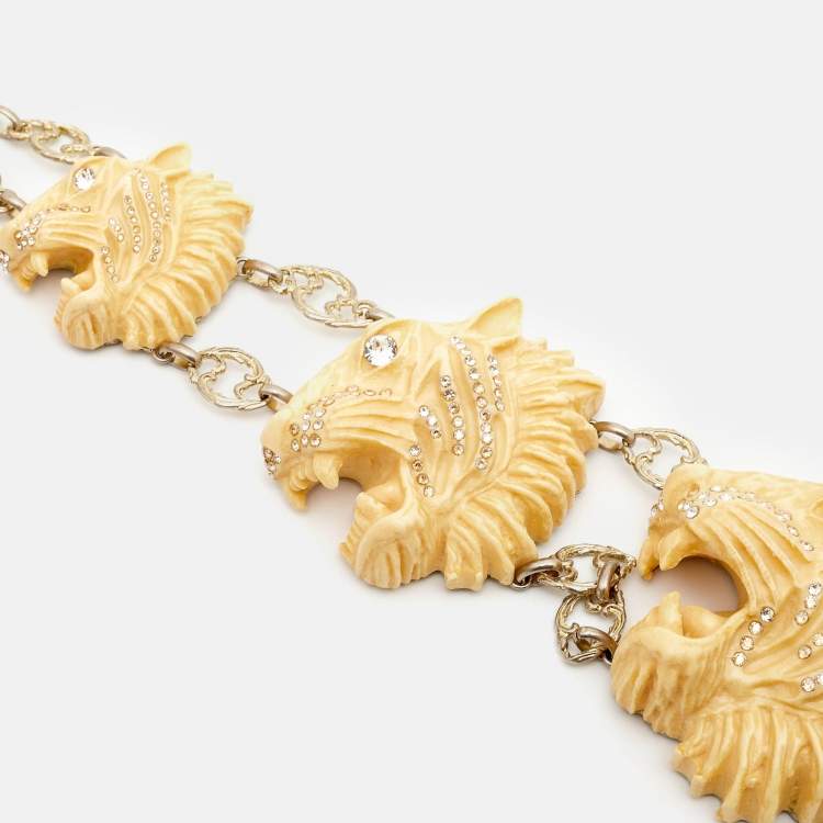 مملوكة مسبقًا Gucci Lion Head Crystals Resin Antique Finish Gold Tone Necklace