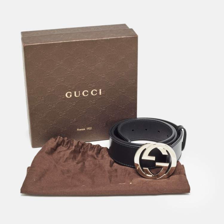 Pre Owned Gucci Black Leather Interlocking G Buckle Belt 85 CM