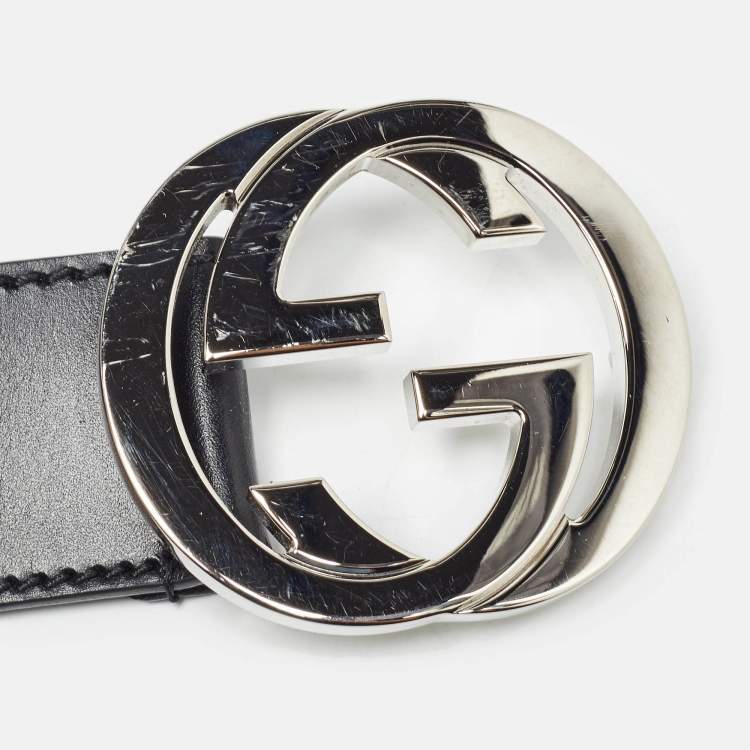 Pre Owned Gucci Black Leather Interlocking G Buckle Belt 85 CM