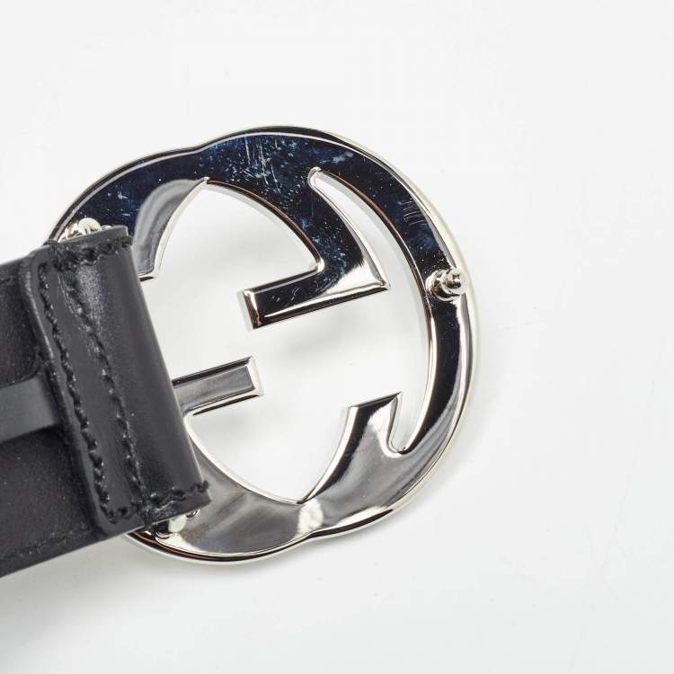 Pre Owned Gucci Black Leather Interlocking G Buckle Belt 85 CM