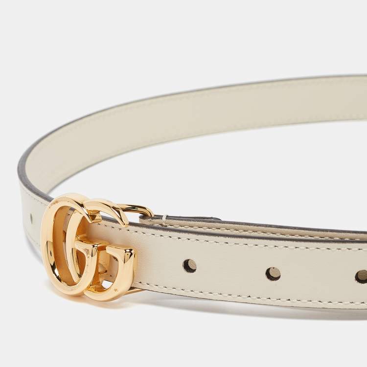 Pre Owned Gucci Off White Leather GG Marmont Buckle Slim Belt 75 CM