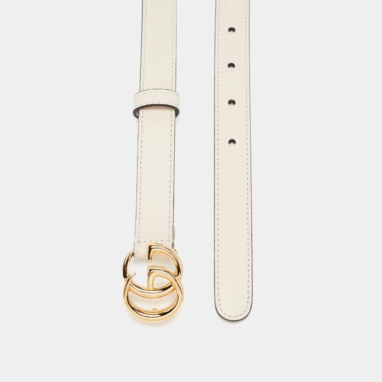 Pre Owned Gucci Off White Leather GG Marmont Buckle Slim Belt 75 CM
