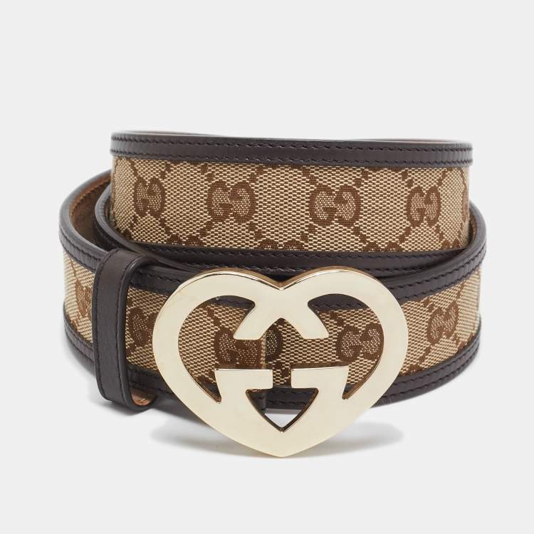 Gucci Beige Brown GG Canvas and Leather Lovely Heart Buckle Belt 100 CM Gucci TLC