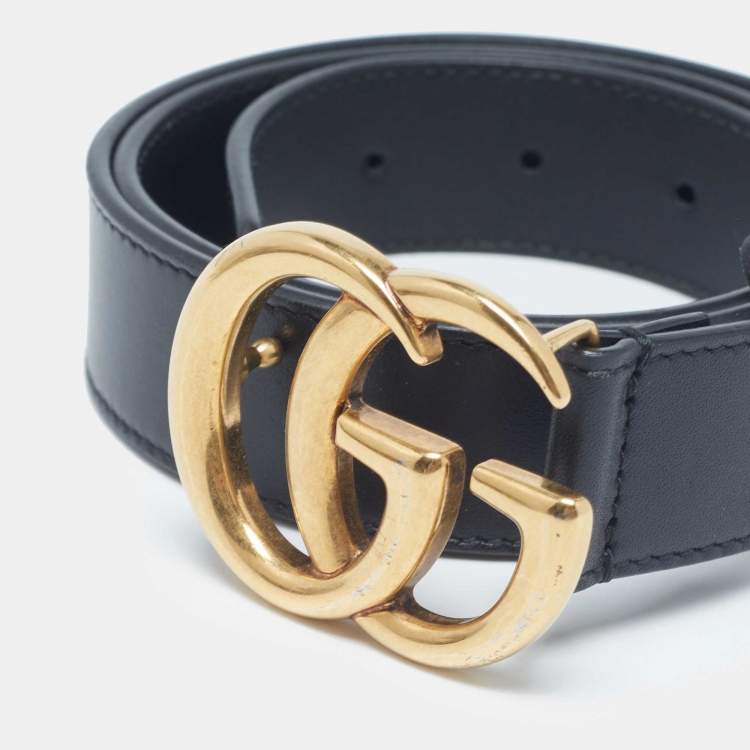 Pre Owned Gucci Black Leather GG Marmont Buckle Belt 75 CM