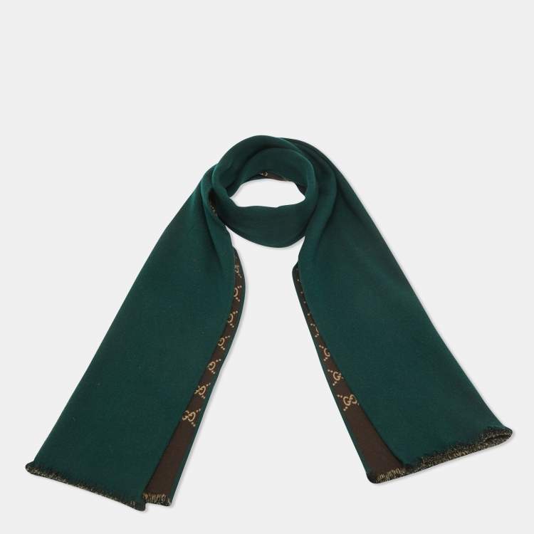 Pre Owned Gucci Brown/Green GG Simple Ripon Wool Scarf