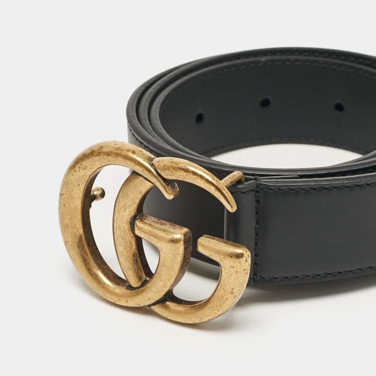 Pre Owned Gucci Black Leather GG Marmont Buckle Belt 80 CM