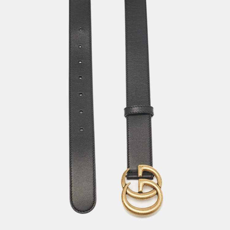 Pre Owned Gucci Black Leather GG Marmont Buckle Belt 80 CM
