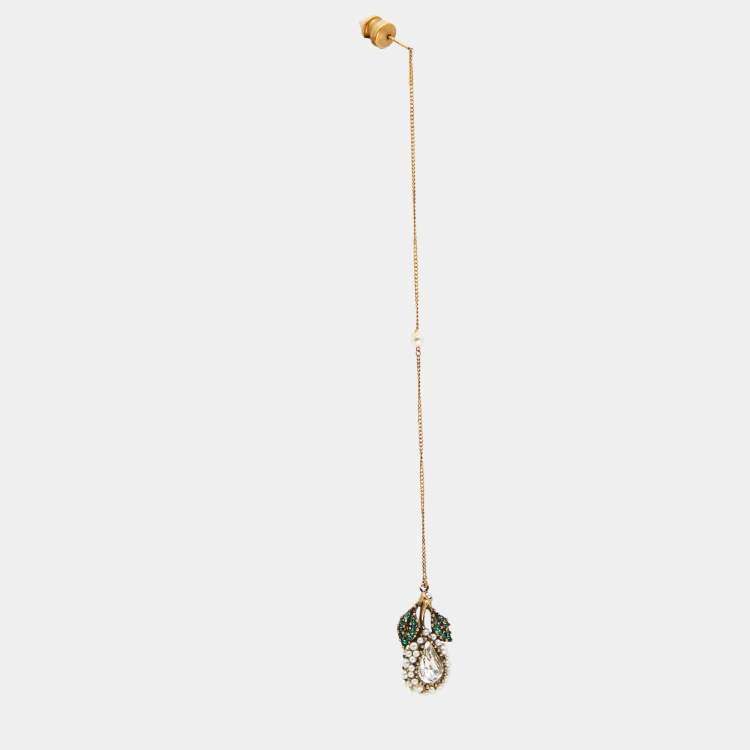 Pre Owned Gucci Aged Gold Tone Crystal Drop Long Chain Earring