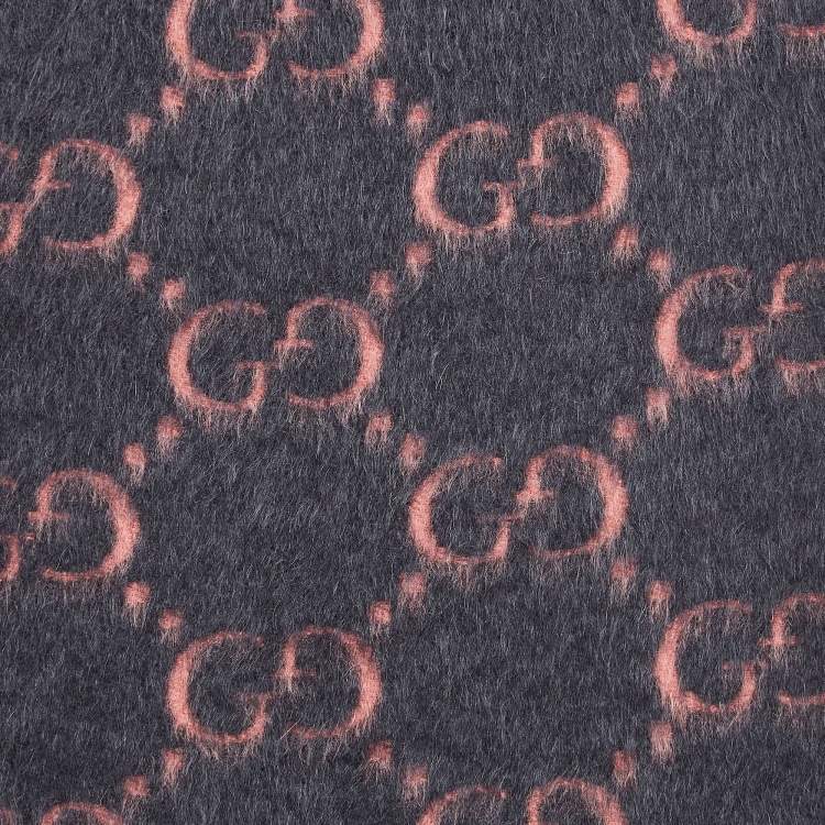 Pre Owned Gucci Pink/Grey GG Web Print Tassel Detail Wool Scarf 