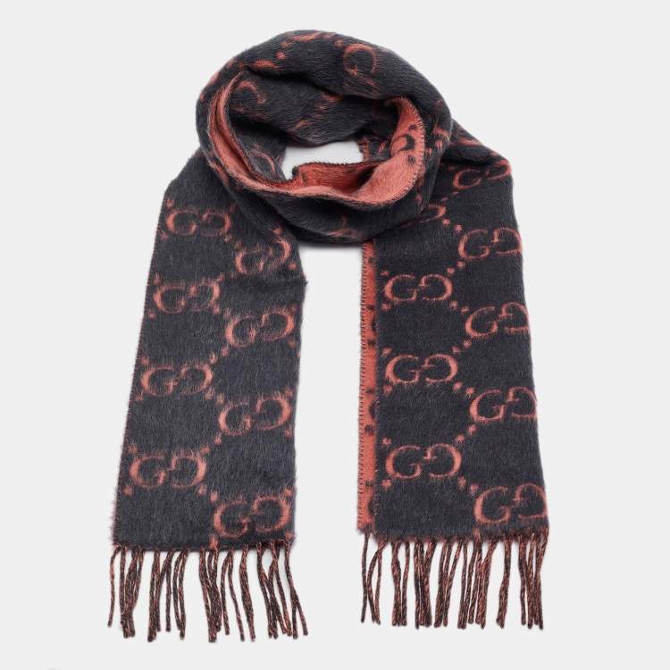 Pre Owned Gucci Pink/Grey GG Web Print Tassel Detail Wool Scarf 