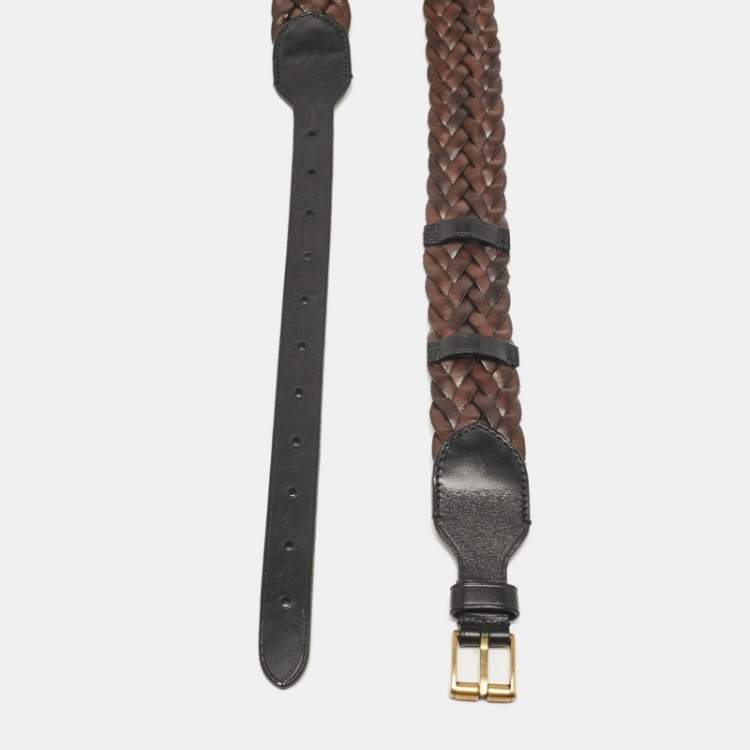 Pre Owned Gucci Brown/Black Braided Leather Buckle Belt 85 CM