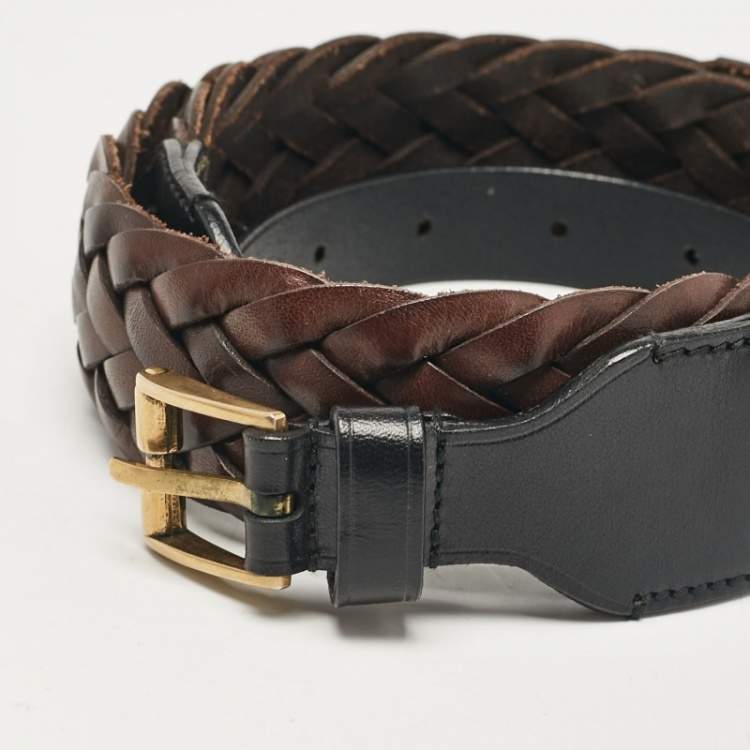 Pre Owned Gucci Brown/Black Braided Leather Buckle Belt 85 CM