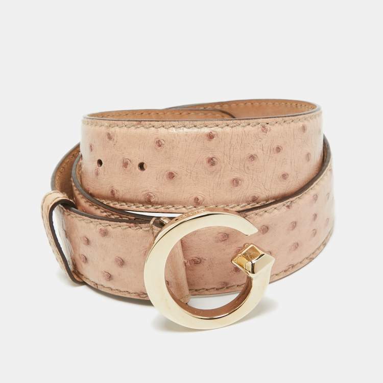 Pre Owned Gucci Beige Ostrich Leather G Buckle Belt 85CM