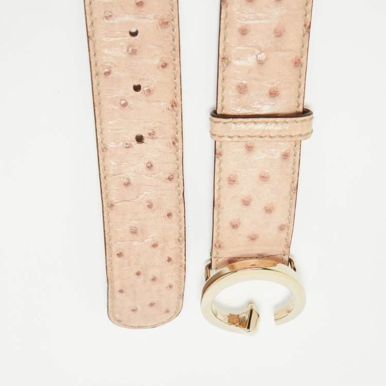 Pre Owned Gucci Beige Ostrich Leather G Buckle Belt 85CM